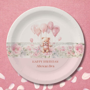 Niedlich Teddy and Balloons Pink Baby Girl Geburts Pappteller