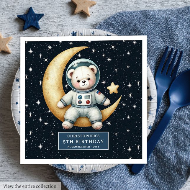Niedlich Teddy Astronaut Boy Birthday Party Napkin Serviette (Cute Teddy Astronaut Boy Birthday Party Napkins)