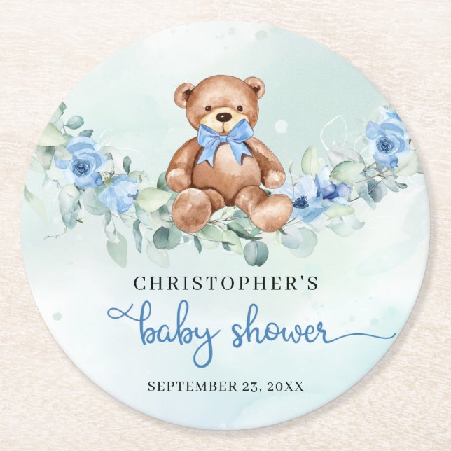 Niedlich Teddy Bär dusty blue floses eucalyptus Runder Pappuntersetzer (Vorderseite)