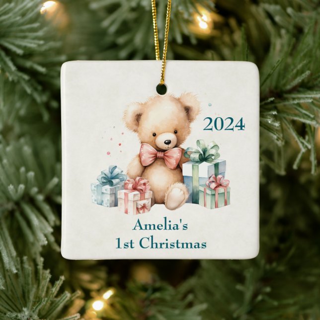 Niedlich Teddy Bär Erste Weihnachtsfeier Keramikornament (Baum)