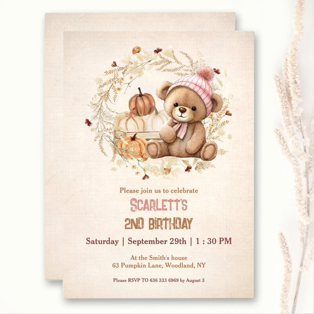 Niedlich Teddy Bar Fall Pumpkins Girl Geburtstag Einladung (Cute Teddy Bear Fall Pumpkins Girl Birthday Invitation)