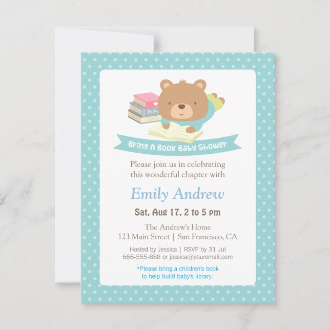Niedlich Teddy Bär Polka Dots Buch Themed Baby Dus Einladung (Vorderseite)