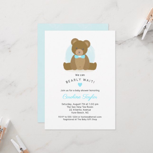 Niedlich Teddy Bear Aqua Blue Bow Krawatte Baby Bo Einladung (Vorderseite/Rückseite Beispiel)