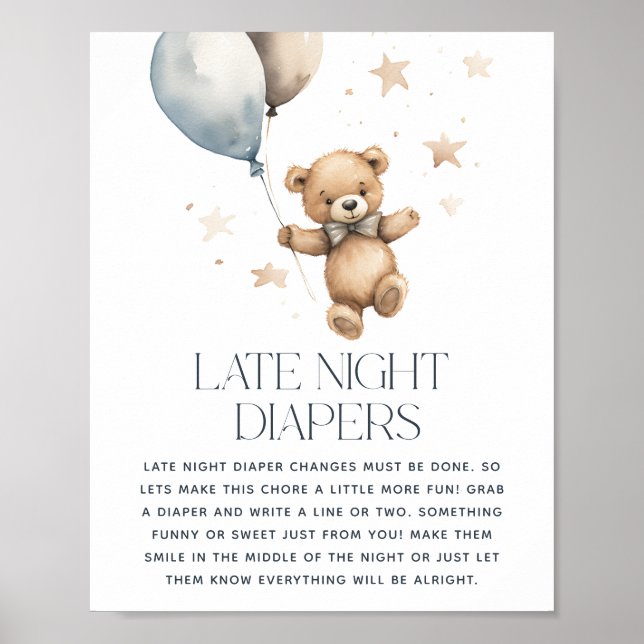 Niedlich Teddy Bear Baby Dusche 'Late Night Diaper Poster (Vorne)