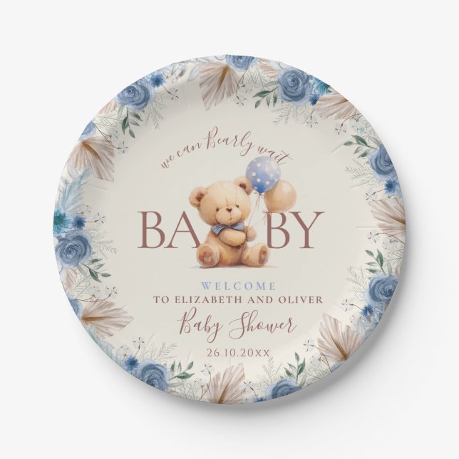 Niedlich Teddy Bear Balloons Boho Blue Rose Blume Pappteller (Vorderseite)