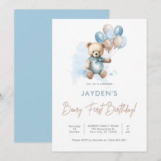 Niedlich Teddy Bear Beary First Birthday Blue Ball Einladung