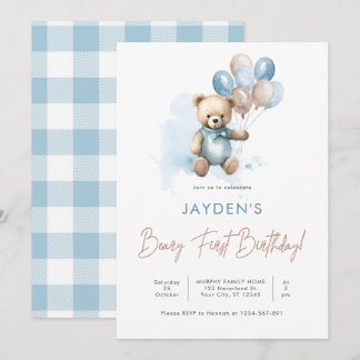 Niedlich Teddy Bear Beary First Birthday Blue Ball Einladung