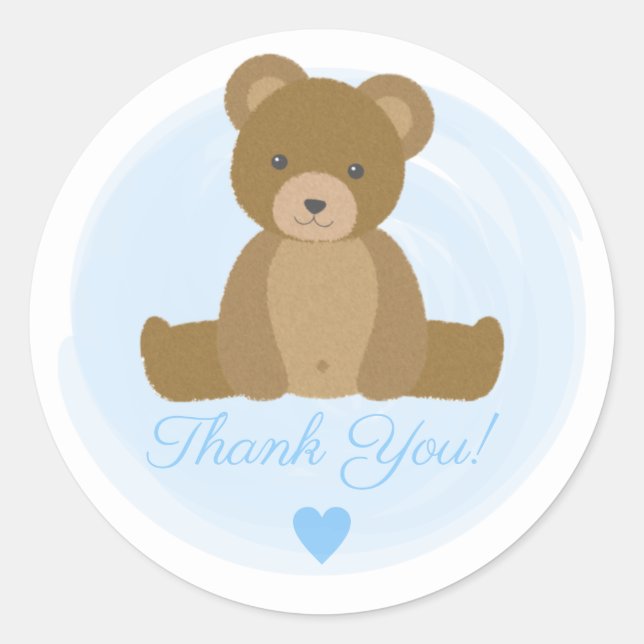 Niedlich Teddy Bear Blue Boy Baby Dusche Danke Runder Aufkleber (Vorderseite)