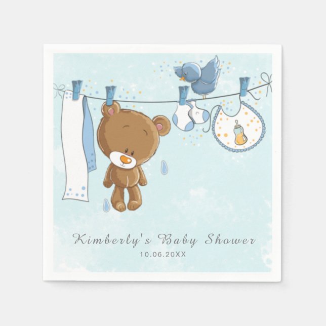 Niedlich Teddy Bear Blue Clothesline Baby Dusche Serviette (Vorderseite)