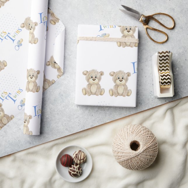 Niedlich Teddy Bear Blue es ist Twins Baby Shower Geschenkpapier (Kunsthandwerk)