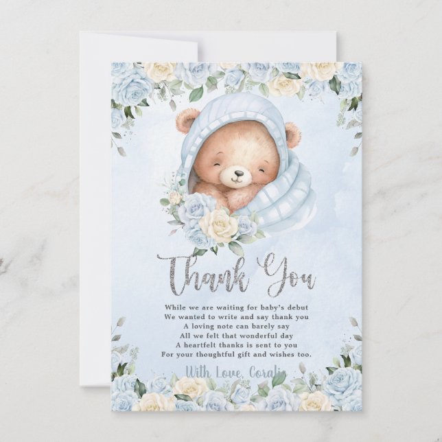 Niedlich Teddy Bear Blue Floral Bundle Boy Baby Du Dankeskarte (Vorderseite)