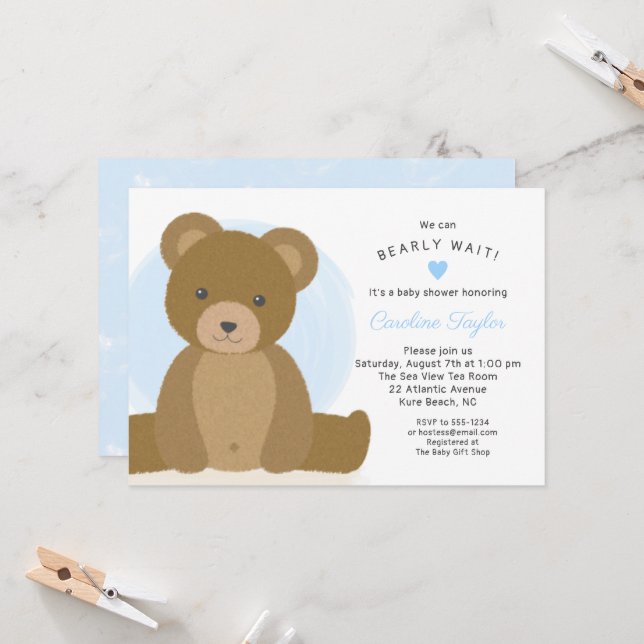 Niedlich Teddy Bear Blue Heart Boy Baby Dusche Einladung (Vorderseite/Rückseite Beispiel)
