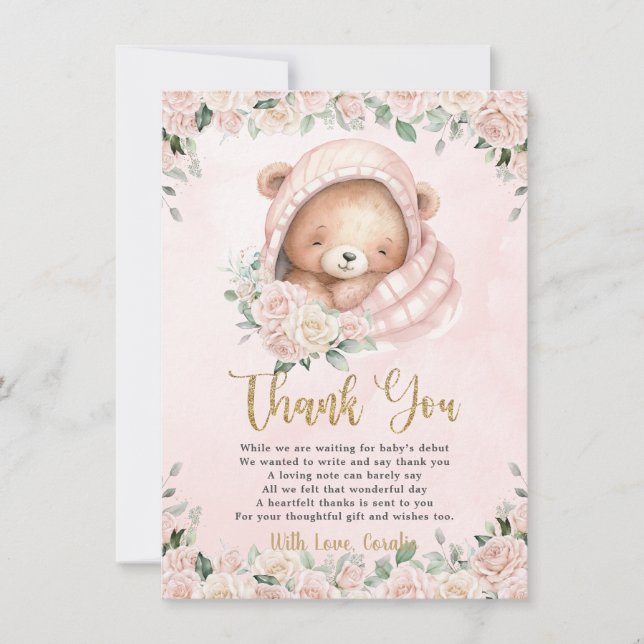 Niedlich Teddy Bear Blush Pink Floral Girl Babydus Dankeskarte (Vorderseite)