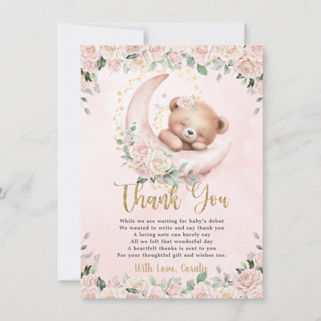 Niedlich Teddy Bear Blush Pink Floral Girl Babydus Dankeskarte (Vorderseite)