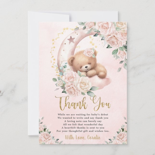 Niedlich Teddy Bear Blush Pink Floral Girl Babydus Dankeskarte (Vorderseite)