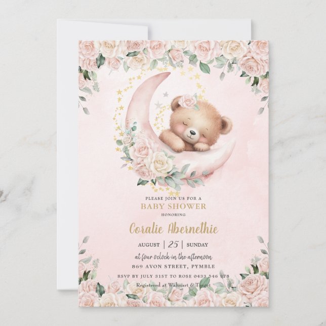 Niedlich Teddy Bear Blush Pink Floral Girl Babydus Einladung (Vorderseite)