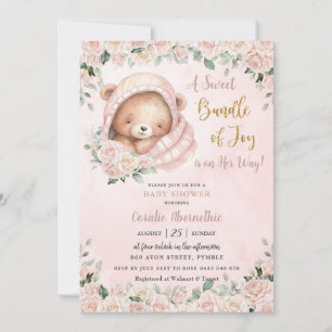 Niedlich Teddy Bear Blush Pink Floral Girl Babydus Einladung