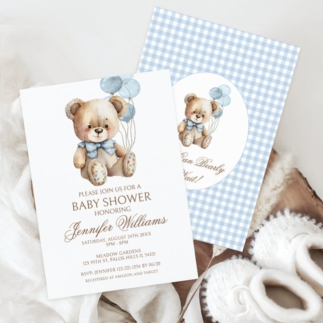 Niedlich Teddy Bear Bow Balloon Baby Boy Dusche Einladung (Von Creator hochgeladen)