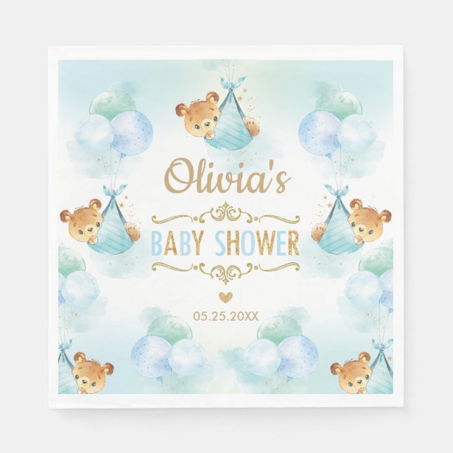 Niedlich Teddy Bear Boy Baby Dusche Blue Paper Nap Serviette (Vorderseite)