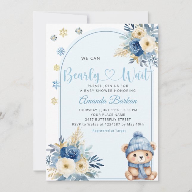 Niedlich Teddy Bear Boy Blue Bearly Wait Baby Dusc Einladung (Vorderseite)