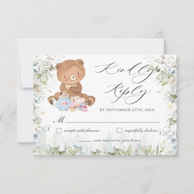 Niedlich Teddy Bear Chic High Tee Party Babydusche RSVP Karte (Vorderseite)