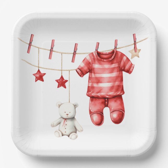 Niedlich Teddy Bear Clothesline Red Baby Dusche Pappteller (Vorderseite)