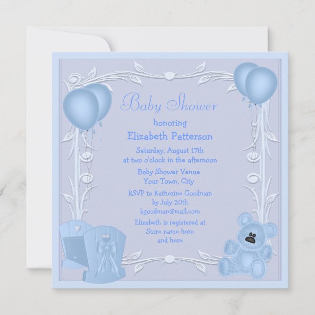 Niedlich Teddy Bear & Crib Blue Baby Dusche Einlad Einladung (Vorderseite)