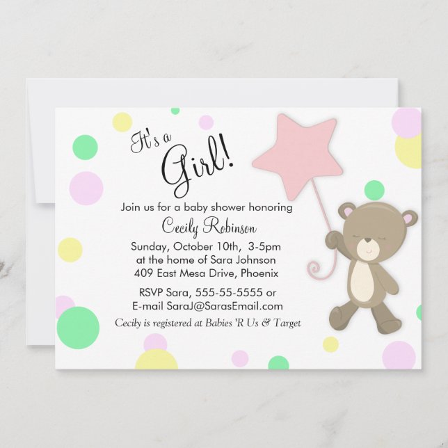 Niedlich Teddy Bear Girl Babydusche Einladung (Vorderseite)