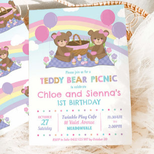 Niedlich Teddy Bear Picnic Geburtstagsmädchen Twin Einladung