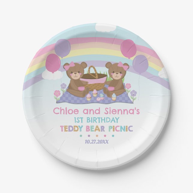 Niedlich Teddy Bear Picnic Rainbow Twins Girl Gebu Pappteller (Vorderseite)