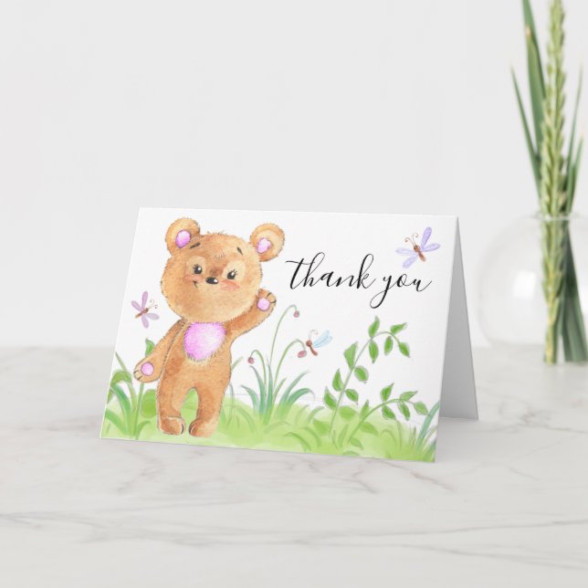Niedlich Teddy Bear Pink Baby Girl Dusche Dankeskarte (Vorderseite)