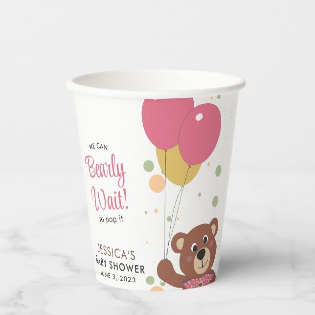 Niedlich Teddy Bear Pink und Gold Balloons Babydus Pappbecher (Vorderseite)
