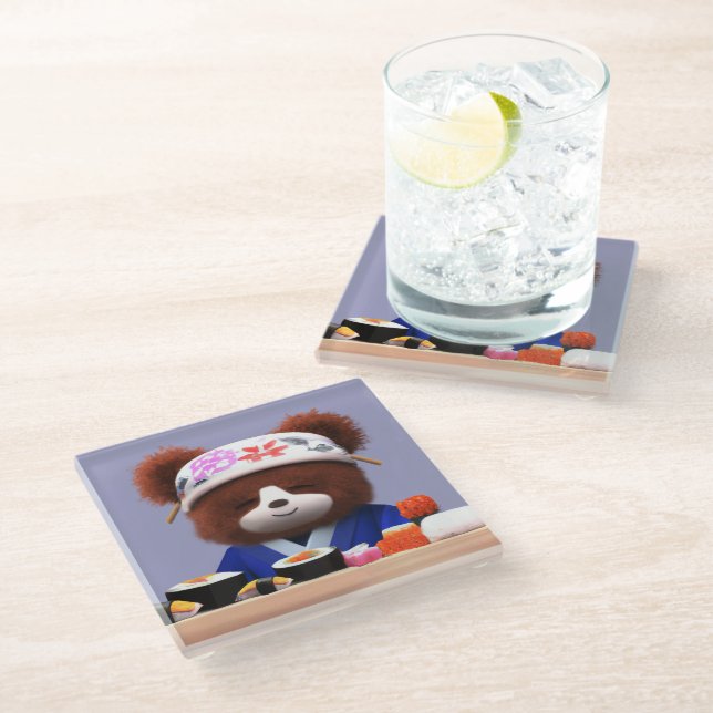 Niedlich Teddy Bear Sushi Koch Glasuntersetzer (Schrägansicht)