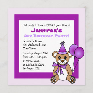Niedlich Teddy Bear Theme Kindergeburtstag - Lila Einladung
