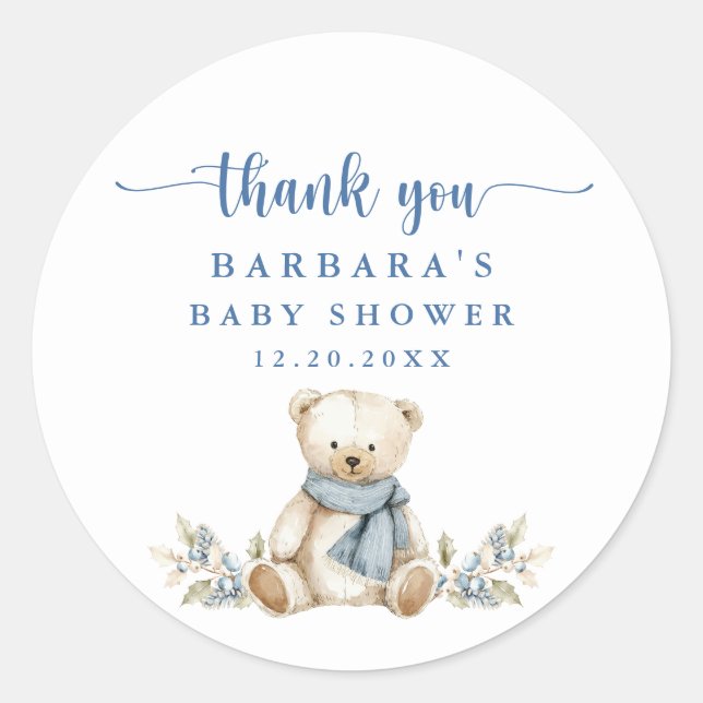 Niedlich Teddy Bear Winter Baby Dusche Danke Runder Aufkleber (Vorderseite)