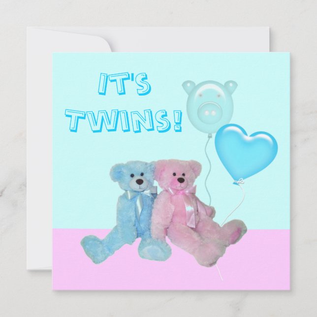 Niedlich Teddy Bears Twin Baby Dusche Einladung (Vorderseite)