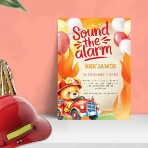 Niedlich Teddy Fire Truck 3. Geburtstag Rotes Gelb Einladung