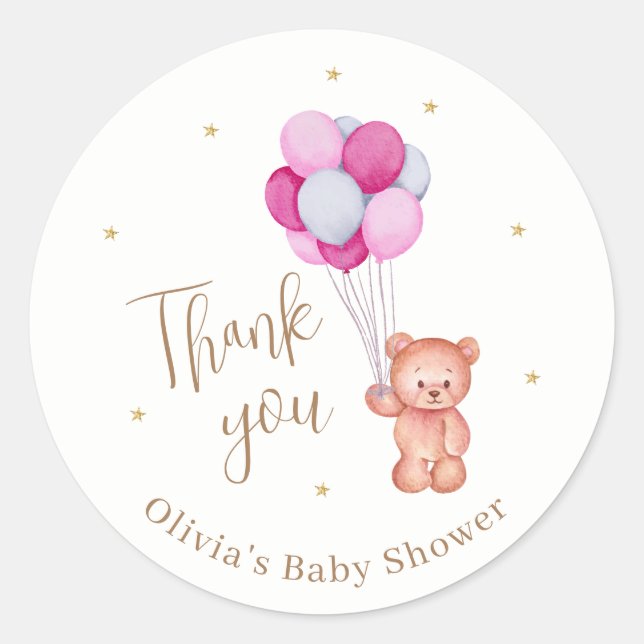 Niedlich Teddy Pink Ballon Danke Baby Dusche Runder Aufkleber (Vorderseite)