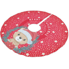 Niedlich Teddy Red and White Stars Frohe Weihnacht Polyester Weihnachtsbaumdecke