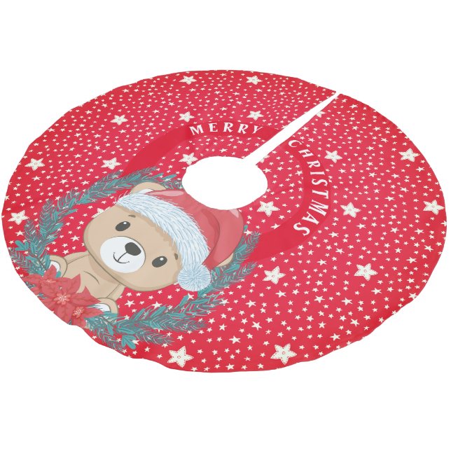 Niedlich Teddy Red and White Stars Frohe Weihnacht Polyester Weihnachtsbaumdecke (Schrägansicht)