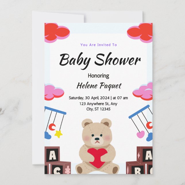 Niedlich Teddy Spielzeug Custom Baby Boy Dusche Ei Einladung (Vorderseite)