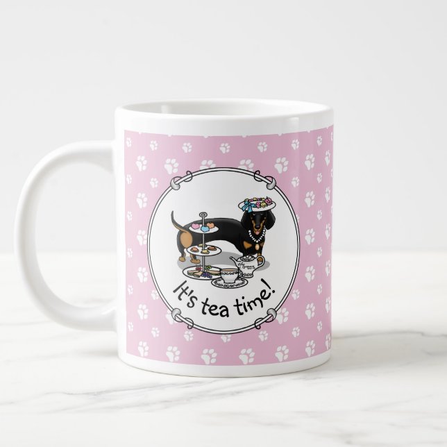 Niedlich Tee Party Dackel Hund (schwarz & tan) Fun Jumbo-Tasse (Links)