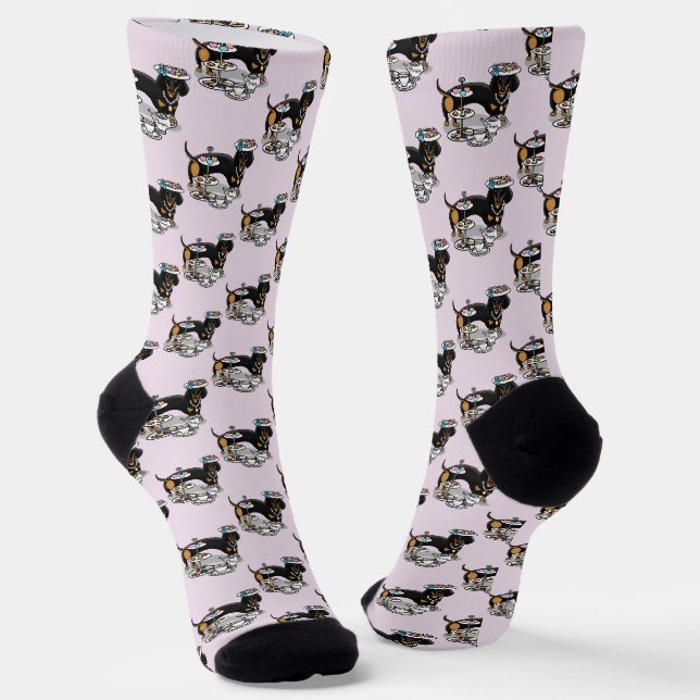 Niedlich Tee Party Dackel Hund (schwarz & tan) Fun Socken (Gewinkelt)