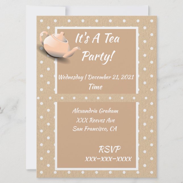 Niedlich Tee Party Einladung Beige Polka Dot Teapo (Vorderseite)