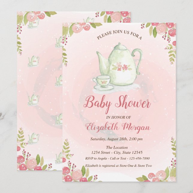 Niedlich Teekanne Floral Baby Dusche Einladung (Vorne/Hinten)