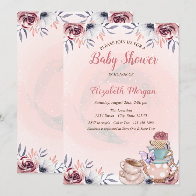 Niedlich Teekanne Floral Tee Party Babydusche Einladung (Vorne/Hinten)