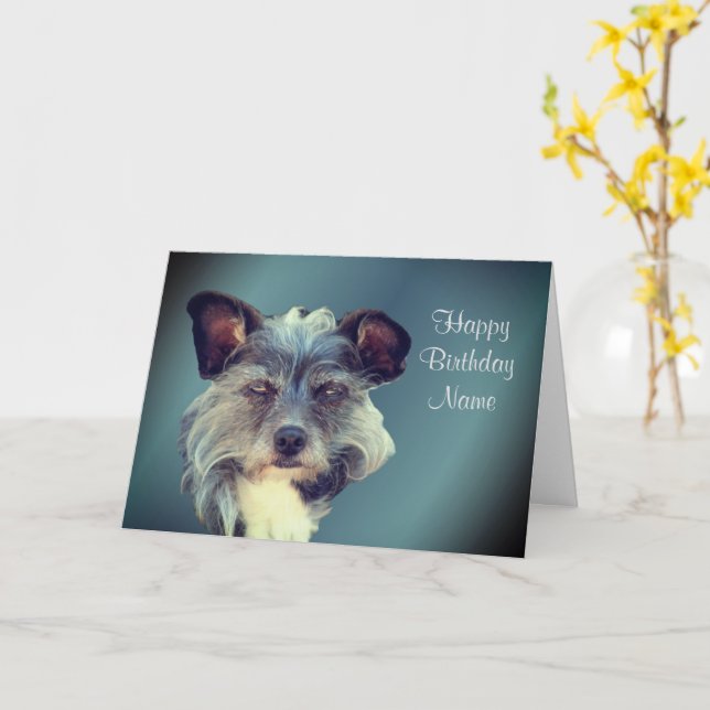 Niedlich Terrier Mix Mutt Personalisierte Geburtst Karte (Gelbe Blume)