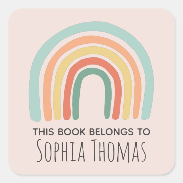 Niedlich "This Book Belongs" Boho Rainbow Buchzeic Quadratischer Aufkleber (Vorderseite)