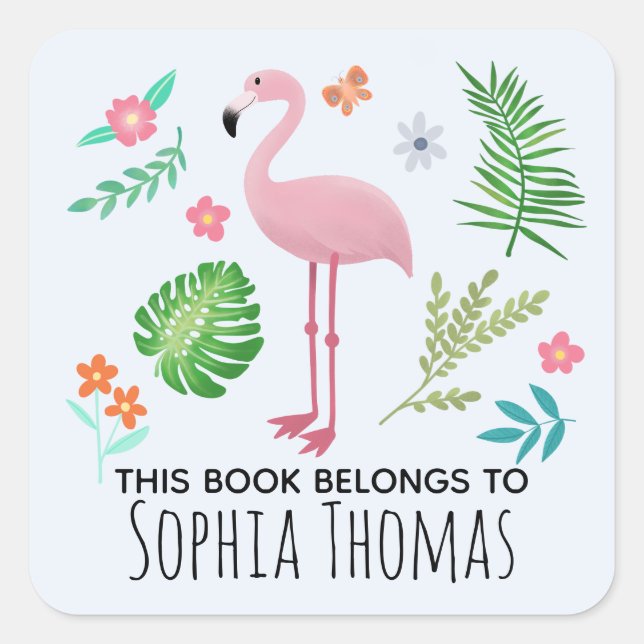 Niedlich "This Book Belongs" Flamingo Kids Buchzei Quadratischer Aufkleber (Vorderseite)