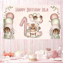 Niedlich Tiger Pink Girl Safari 1. Geburtstagsbann Banner